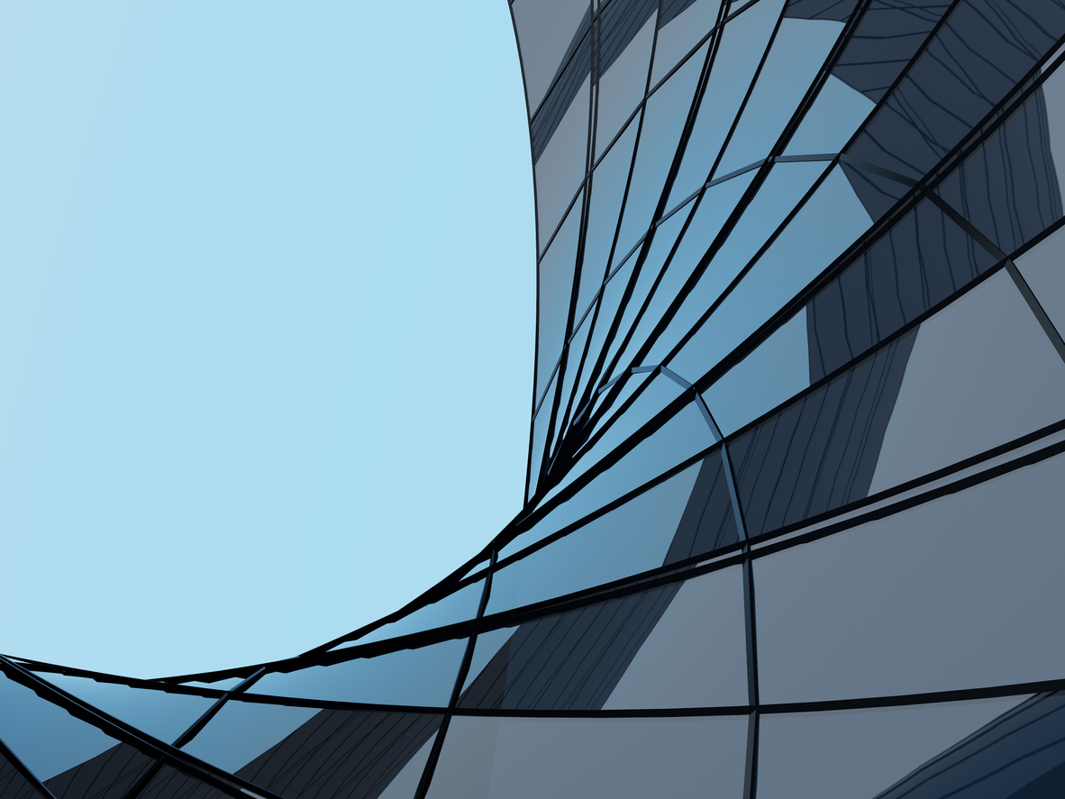 3D stimulate of high rise curve glass building and dark steel window system on blue sky background,Business concept of future architecture,lookup to the angle of the building.