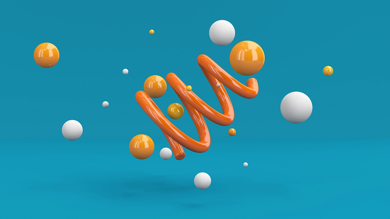 Orange glossy spiral and colorful balls flying. Blue background. Abstract illustration, 3d render.