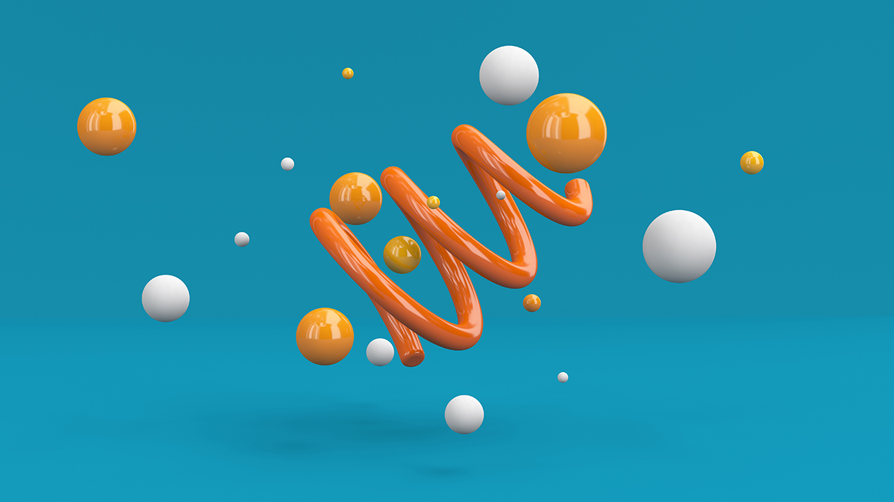 Orange glossy spiral and colorful balls flying. Blue background. Abstract illustration, 3d render.