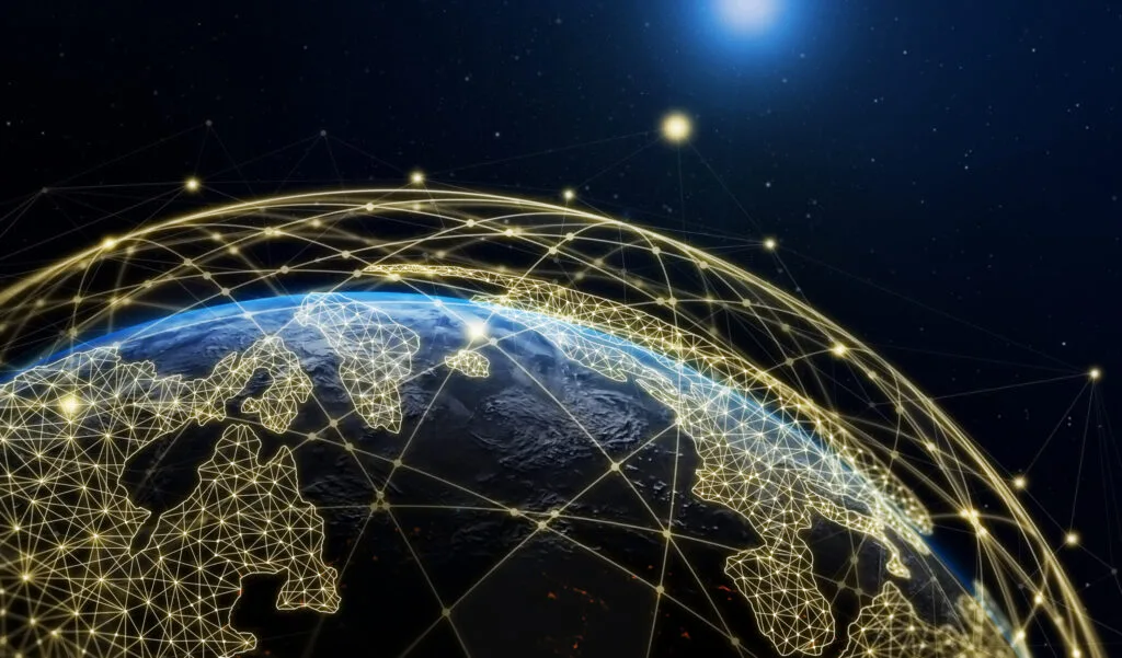 Global network connections around Earth.